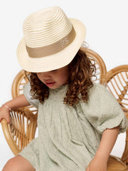 Sombrero de Paja de Lujo Infantil Blanquecino con Cinta Beige